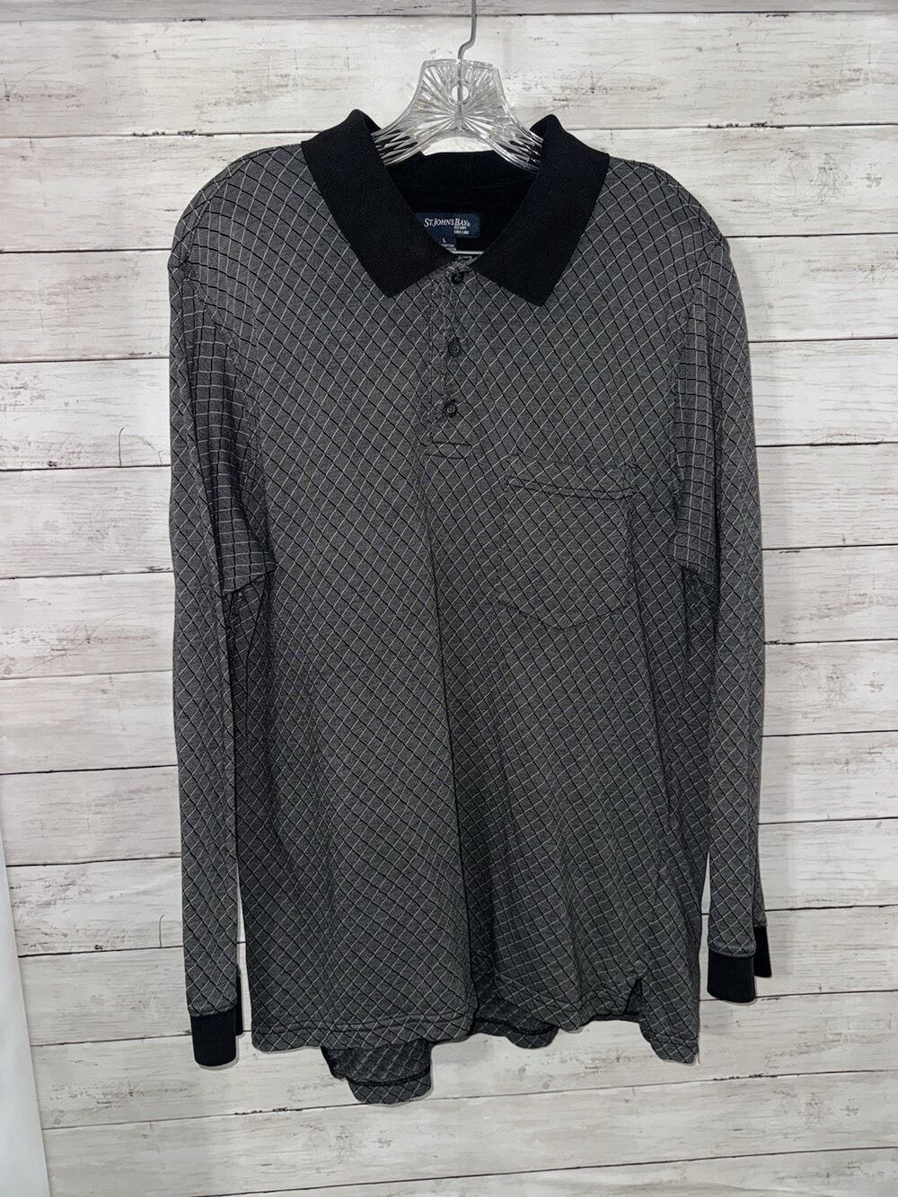 St. John's Bay Men's Gray Diamond Pattern Long Sleeve Polo Shirt Size Large EUC